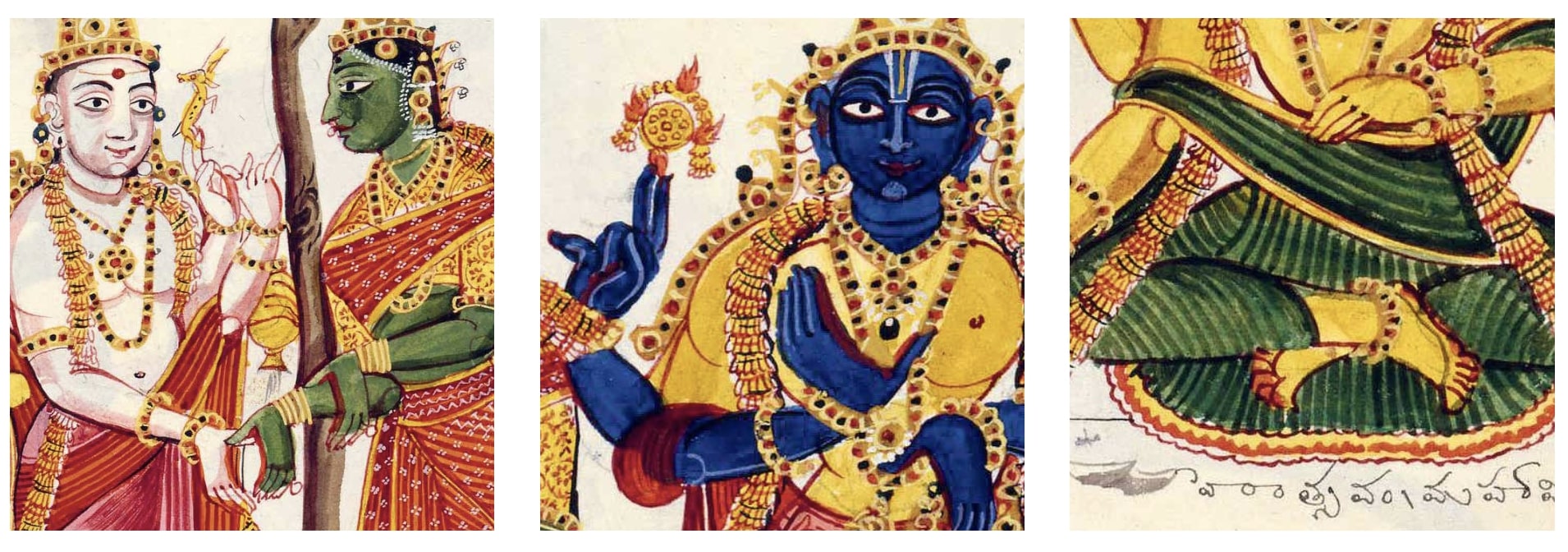 A négykarú, kezeiben hagyományos attribútumait fogó Siva Párvatí kezét tartja, részlet / Visnu kezei félelmet eloszlató és áldásosztó kéztartásban, részlet / Brahmá lótuszülésben, részlet
